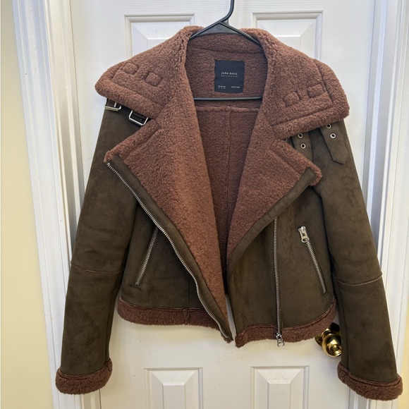 Zara Brown Teddy Jacket with Shearling Collar - Picture 2 of 6